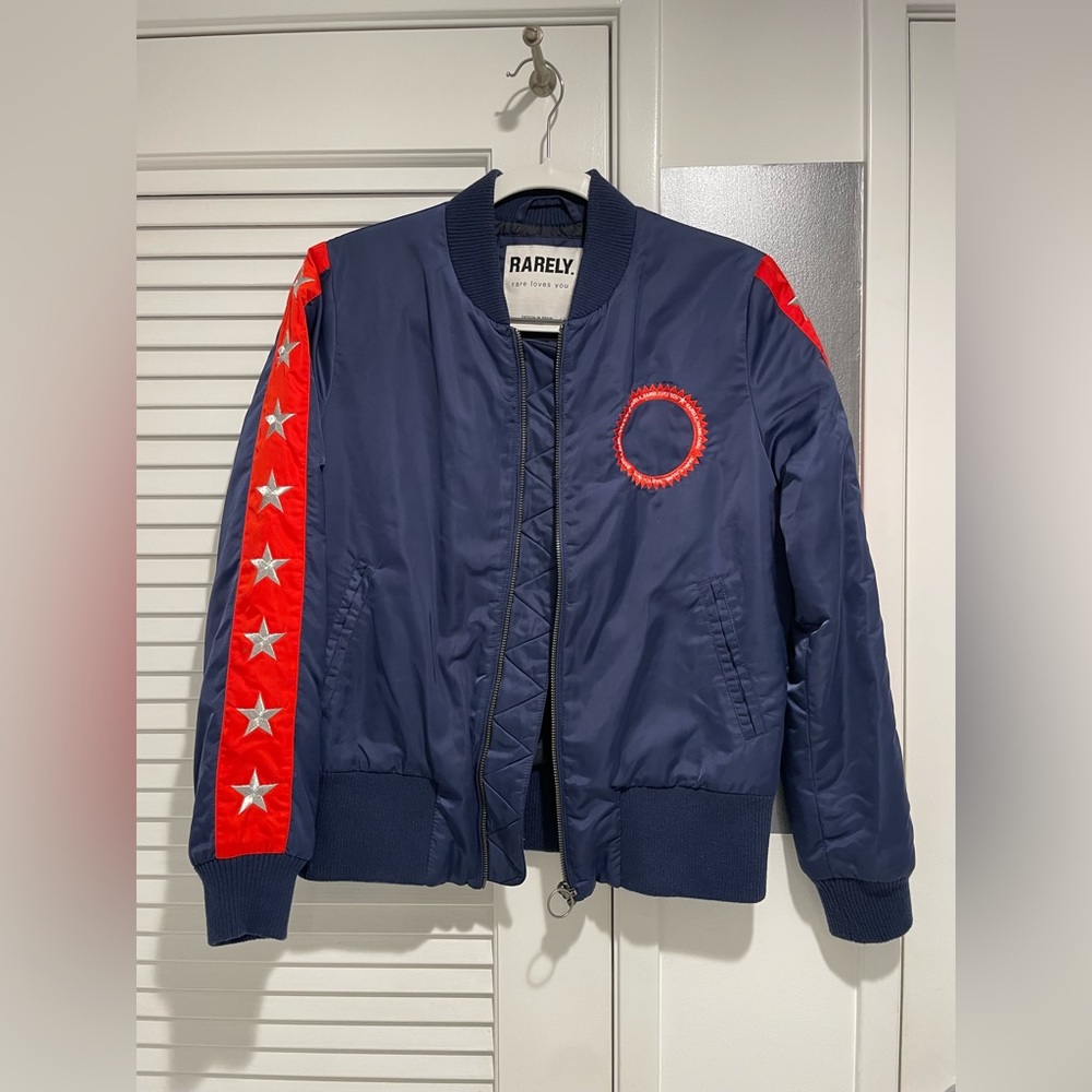 Rarely Blue Bomber Jacket with Star Detail / Size Small